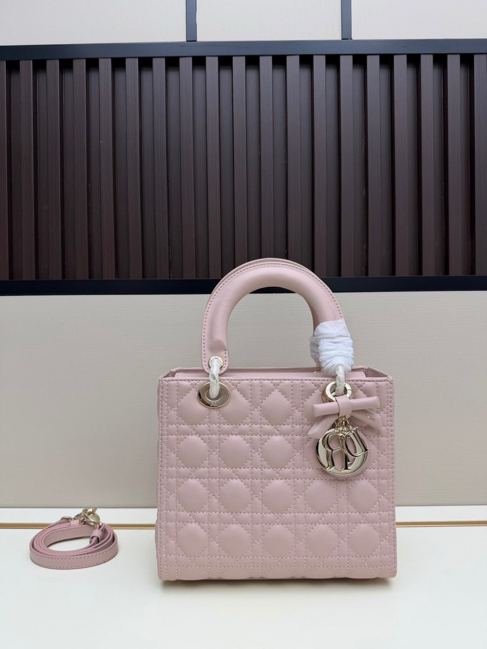 Quilted Small Top-Handle Bag in Light Pink with Gold Accents